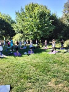 people doing yoga in a field